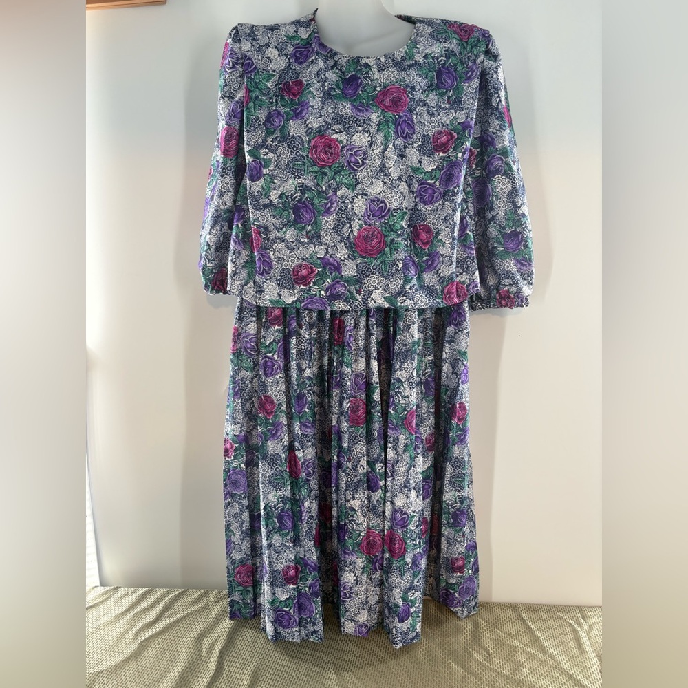 Vintage Classic Apparel Floral Pink & Purple Black Dress 18P Altered